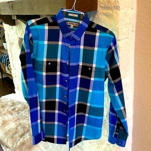 EXPRESS MENS CASUAL LONG SLEEVE BUTTON DOWN BLUE PLAID SIZE MEDIUM